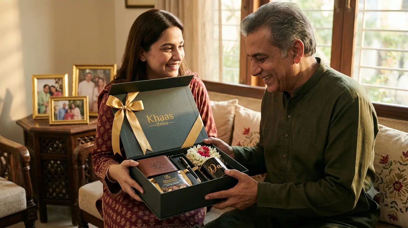 Handmade gift for dad by Khaas Items &mdash; curated gift basket with keepsake and handwritten card arranged flat lay