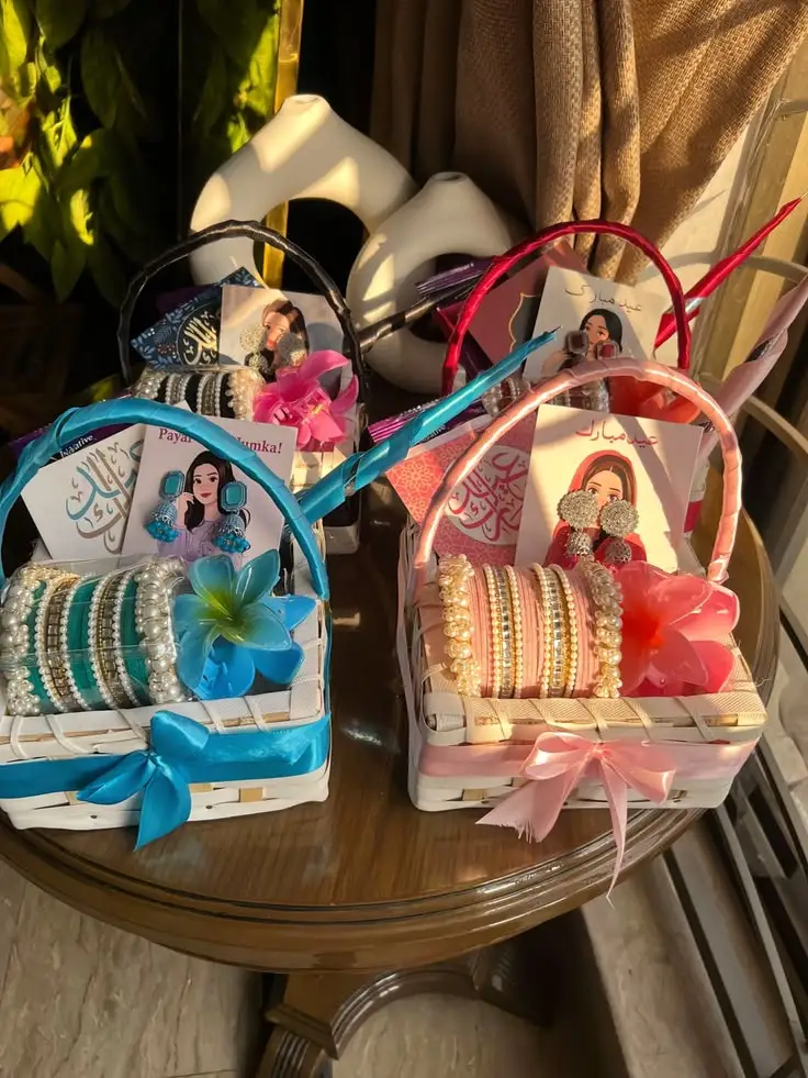 Khaas Items Eid basket contents - chocolates, handmade jewelry, crochet accessories, scented candles and dried flowers