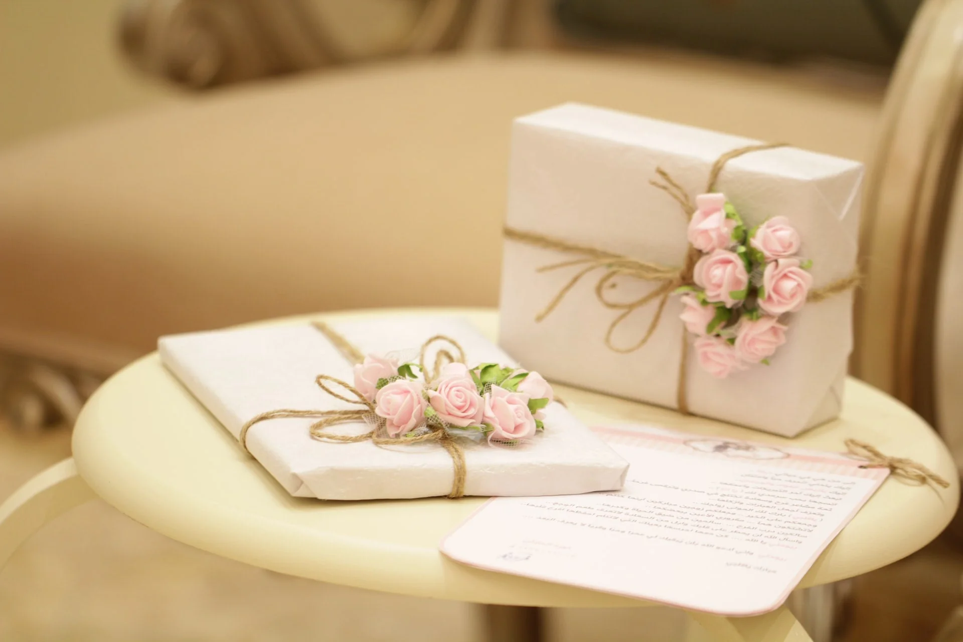 Handmade wedding gift basket by Khaas Items - couple's basket, bridal jewelry, and handwritten card arranged flat lay
