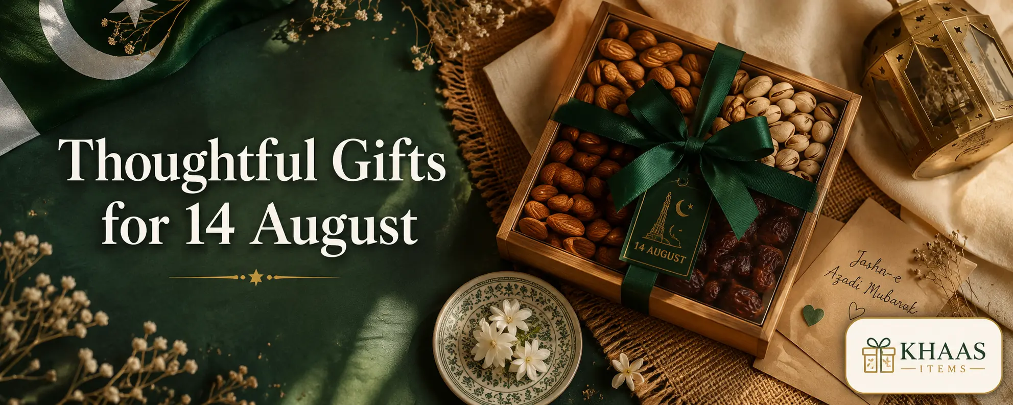 14 August gift ideas featuring green and white themed gift hampers, dry fruit boxes and mango baskets from Khaas Items
