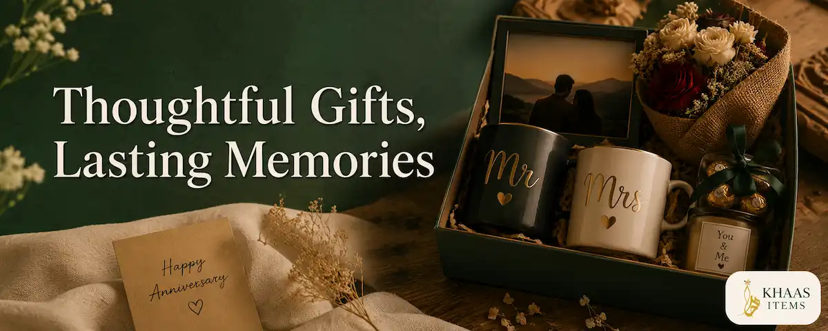 Anniversary gift ideas in Pakistan featuring handmade couple gift boxes, flower bouquets, and custom anniversary hampers from Khaas Items