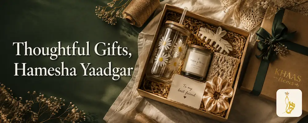 Best friend gift ideas in Pakistan including handmade gift boxes, chocolate bouquets, snack baskets and self-care hampers by Khaas Items