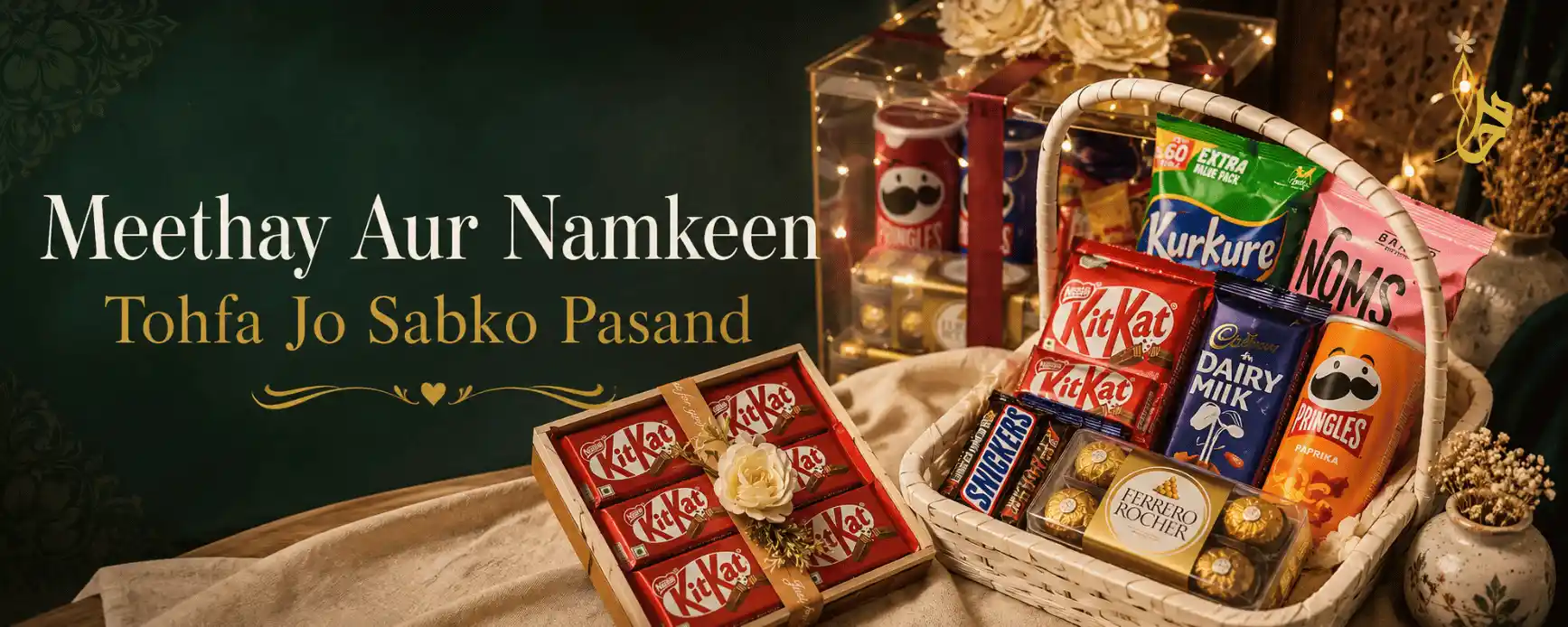 Chocolate and snack gift boxes in Pakistan including a Dairy Milk chocolate bouquet, a loaded snack basket, and a mixed snack and chocolate hamper by Khaas Items
