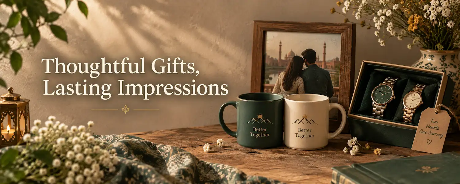 Couple gift ideas in Pakistan including a King Queen mug and watch box, a Mr and Mrs coffee set and a personalised photo frame gift box by Khaas Items