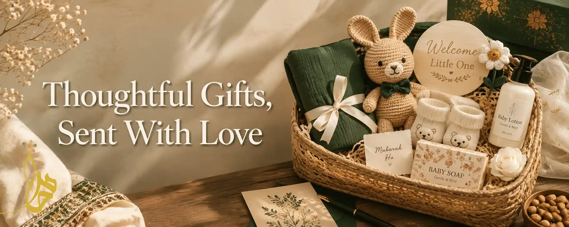 New baby gift ideas in Pakistan including mithai baskets, baby care hampers and fresh fruit gift baskets for Aqeeqah and mooh meetha celebrations by Khaas Items