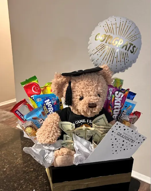 Snack gift box by Khaas Items &mdash; Graduation Bear, Snacks and Cash Gift Box