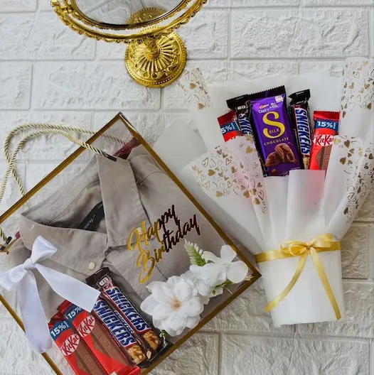 Men's Shirt, Acrylic Box and Chocolate Bouquet Combo - KHAAS Items