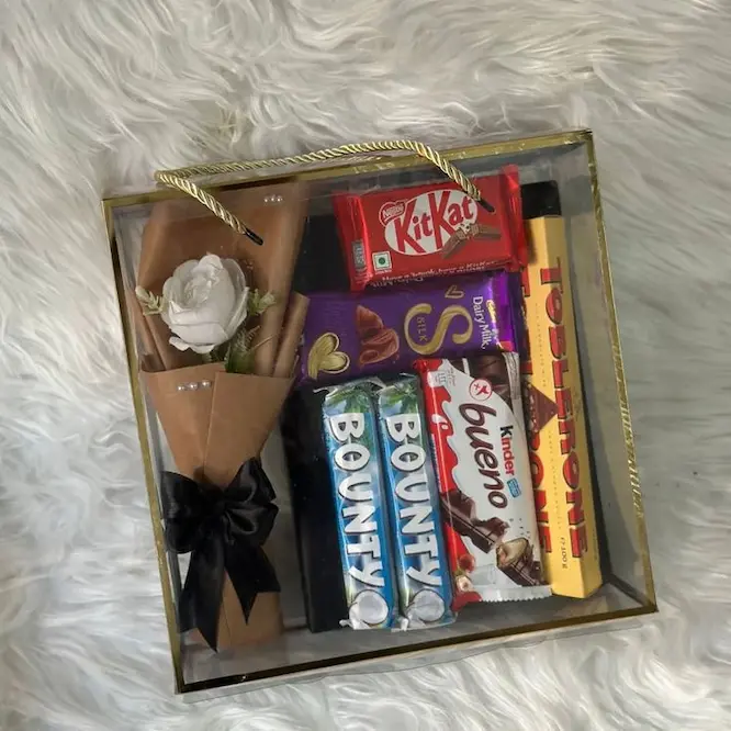 Premium Transparent Chocolate Gift Box with Mini Flower Bouquet - KHAAS Items