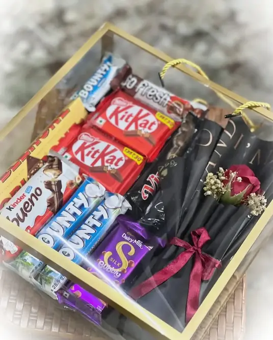 Premium Transparent Chocolate Gift Box with Mini Flower Bouquet - KHAAS Items